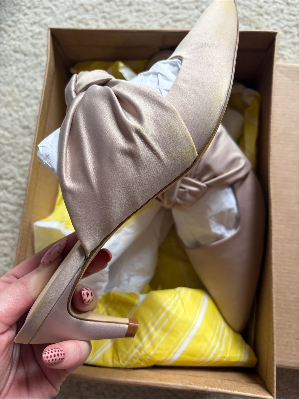 Maeve Satin Knot Pointed Mules in Light Beige
